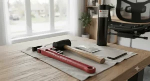 Essential tools like a pipe wrench and rubber mallet needed to replace an office chair gas lift cylinder.