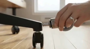 Illustration demonstrating universal eleven millimeter grip-ring stem insertion into an ergonomic office chair base.