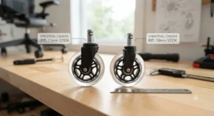 Illustration showing universal 11mm and 10mm stem sizes of rollerblade office chair wheels compatible with most Canadian office chairs.