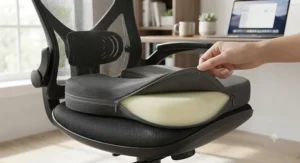 Illustration of a breathable fabric cover with a hidden zipper being removed from an ergonomic chair cushion.