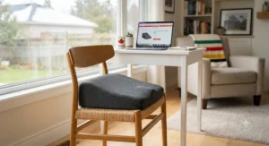 A wedge seat cushion designed for sciatica relief displayed in a bright Canadian living room workspace