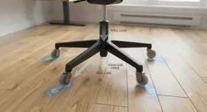 Diagram showing even weight distribution of a five caster chair base distributing load across hardwood planks.