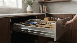 A sturdy 2 drawer filing cabinet for home office with full-extension drawer slides open for easy file access.