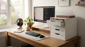A white 2 drawer filing cabinet for home office organizing letter size folders beside a minimalist wooden desk.