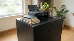 A heavy-duty black 2 drawer filing cabinet for home office holding a printer and stationery supplies on top.