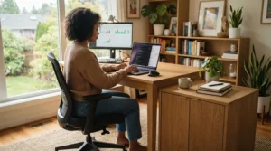 A stylish 2 drawer filing cabinet for home office serving as a matching side table in a remote work corner.