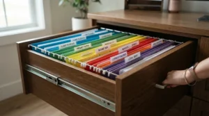 An editorial style 2 drawer filing cabinet for home office showcasing smooth drawer glides and organized documents.