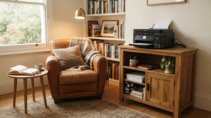 A warm walnut 2 drawer filing cabinet for home office blending seamlessly with rustic living room decor.