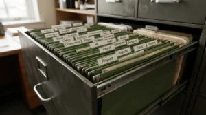 Interior view of a 3 drawer file cabinet showing adjustable rails organizing mixed letter and legal folders.
