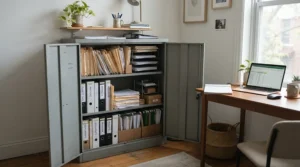An affordable 3 drawer filing cabinet providing budget-friendly organization in a small apartment workspace.