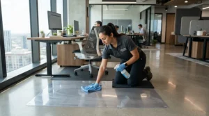 Maintaining tidy home office floors using transparent carpet chair mats in Edmonton.