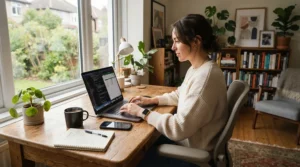 A Canadian professional working at a desk using carpet chair mats in a Calgary home office.