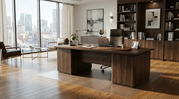 Heavy duty carpet chair mats installed under a large executive desk setup in Montreal.