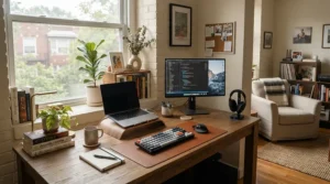 Ergonomic workspace featuring carpet chair mats protecting low pile carpet in a Toronto condo.