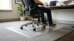 Office chair gliding effortlessly over carpet chair mats during a workday in Vancouver.