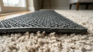 Close-up view of carpet chair mats featuring underside grippers resting on textured pile flooring.