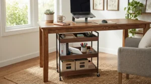 A compact 3 drawer filing cabinet tucked neatly under a wooden desk in a modern Canadian home office.