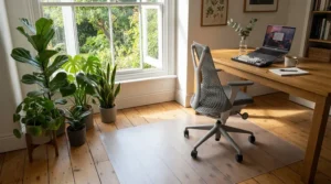 An eco-friendly office chair mat made from recycled materials in an Ottawa home study.