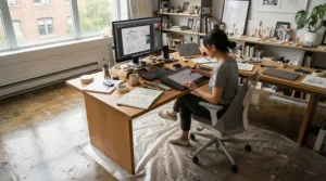 Hard floor chair mats set up in a creative home studio with polished concrete floors