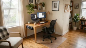 Hard floor chair mats used in a downtown Toronto condo living room workstation