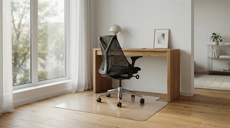 Scratch protection provided by hard floor chair mats under a modern executive desk setup