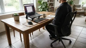 Hard floor chair mats placed over ceramic kitchen tiles converted into a home workspace