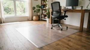 Durable hard floor chair mats resting safely on top of luxury vinyl plank flooring