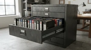 A heavy-duty 3 drawer filing cabinet safely storing thick binders and heavy ledgers in a commercial archive.