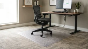 Textured office chair mats gripping low-pile carpet in a Calgary corporate workspace.