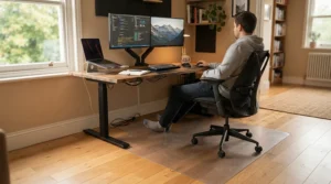 A large office chair mat accommodating a spacious desk setup for remote work in Toronto.