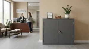 A secure locking 3 drawer filing cabinet protecting confidential client records in a medical clinic reception.