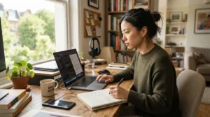 A remote worker sitting comfortably on memory foam office chair cushions in a modern apartment in Toronto.