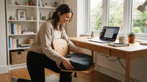 Budget-conscious shopper organizing their workspace with affordable memory foam seat cushions.