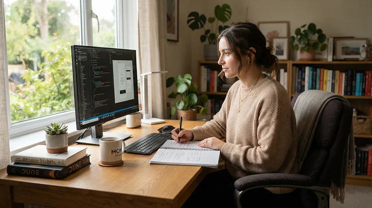 Person working at a wooden desk with a grey memory foam seat cushion on their office chair.