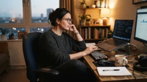 Focused professional typing on a laptop while using memory foam seat cushions for long sitting support.