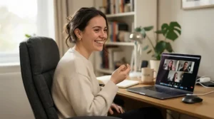 Remote worker sitting comfortably on memory foam seat cushions during a video conference.