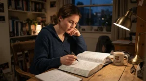 University student studying late at a desk with supportive memory foam seat cushions.