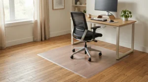 A transparent office chair mat protecting a hardwood floor in a bright Canadian home office.