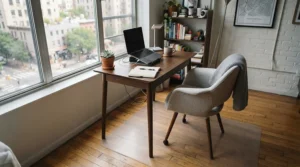 A compact office chair mat fitting neatly into a cozy apartment nook in Edmonton.
