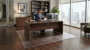 A classic rectangular office chair mat positioned under a large executive desk in Halifax.