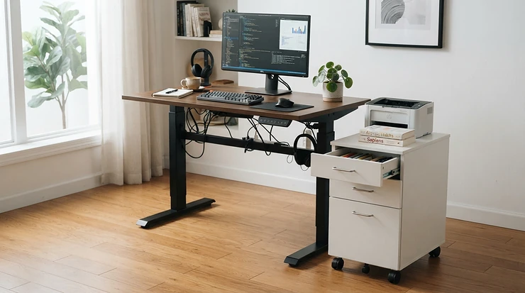 A mobile rolling 3 drawer filing cabinet with smooth casters positioned beside a standing desk setup.