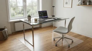 Transparent chair mats protecting hardwood flooring in a modern Vancouver apartment home office