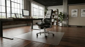 Heavy duty transparent chair mats supporting an executive desk setup in Montreal