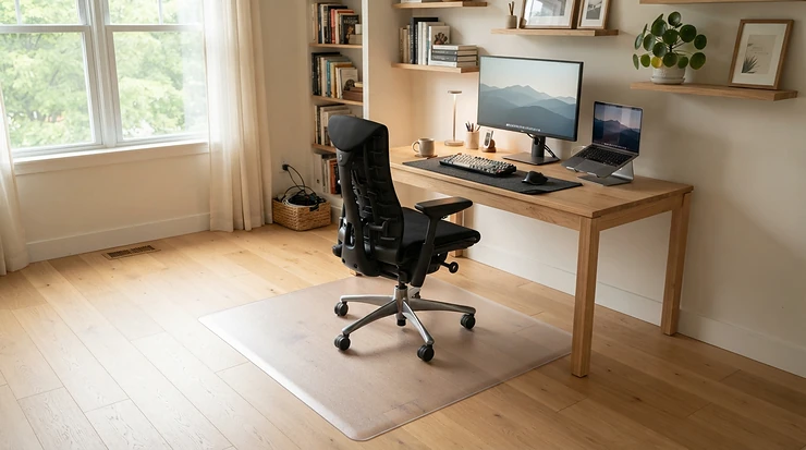 Minimalist study room featuring transparent chair mats to preserve natural wood grain aesthetics
