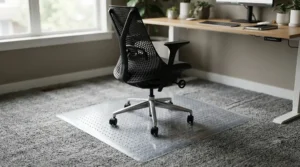 Durable transparent chair mats laid over low-pile office carpeting in a Toronto corporate workspace