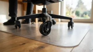 Scratch resistant transparent chair mats maintaining clarity under rolling desk casters