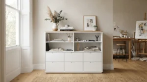 A sleek white metal 3 drawer filing cabinet complementing minimalist decor in a creative studio.